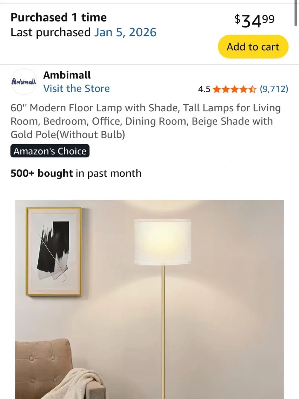 Gold Floor Lamp with Beige Shade - Modern Home Accent